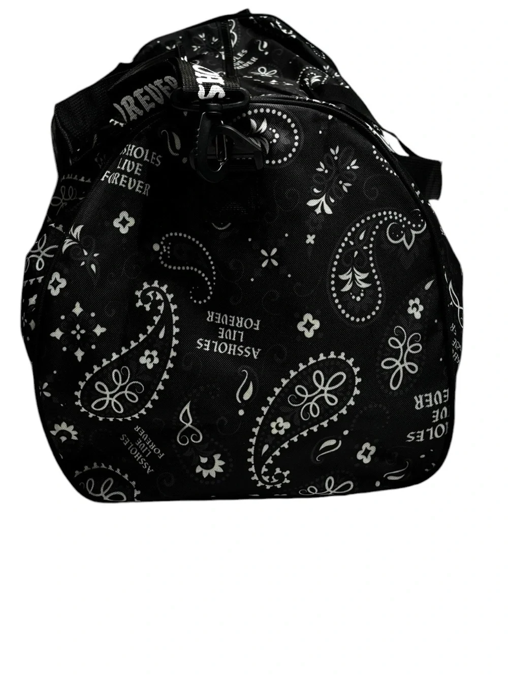 Assholes Live Forever Emotional Baggage Black Paisley Duffel Bag NWOT